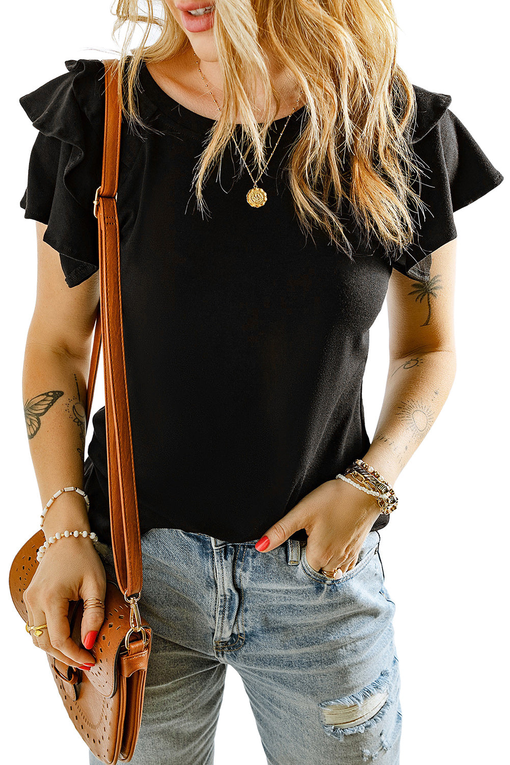 T-shirt uni à manches courtes et volants superposés 