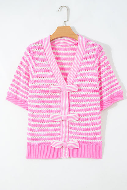 Pink Stripe Short Sleeve Knit V Neck Bow Knot Sweater