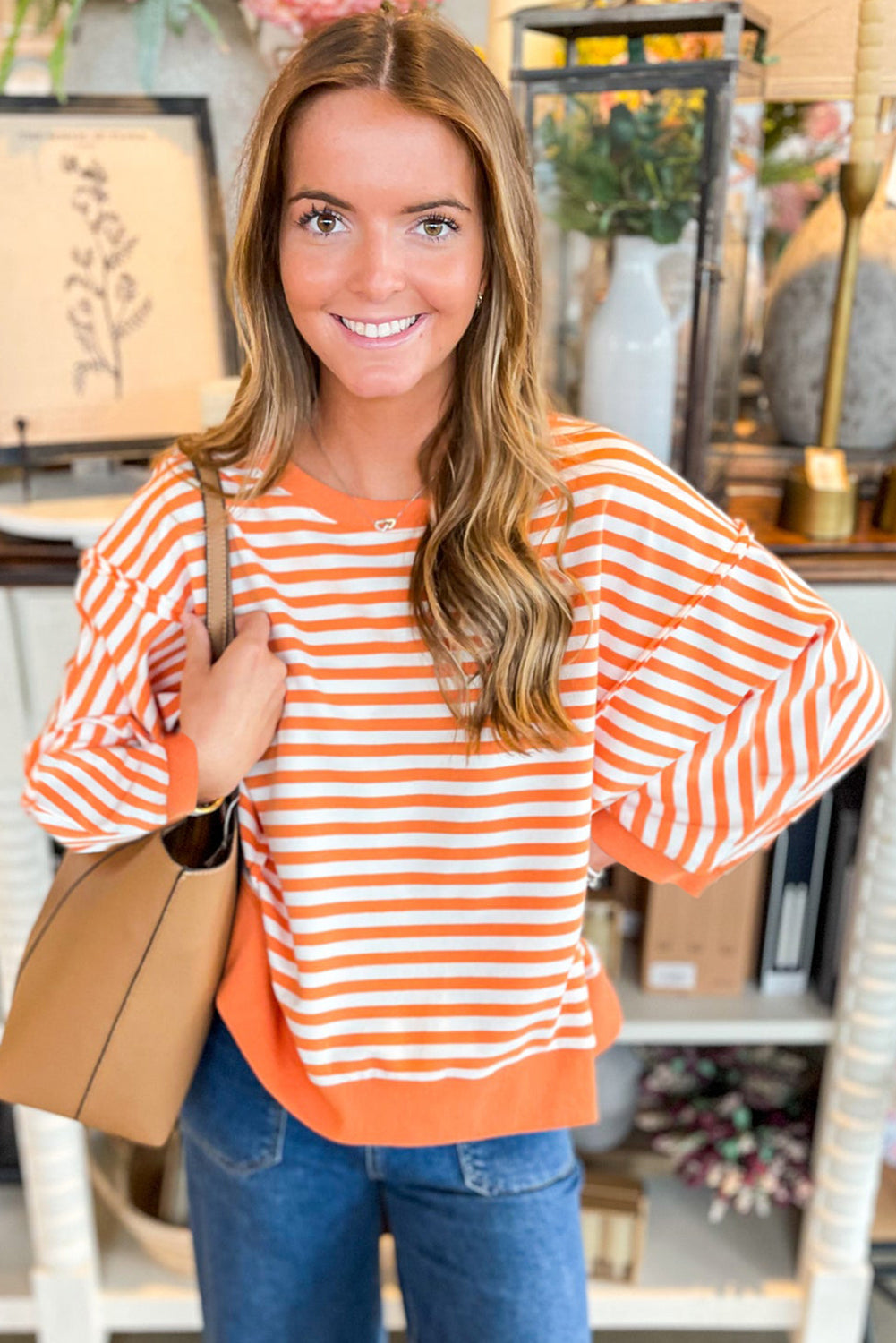 Orange Stripe Exposed Seam Drop Shoulder Casual Pullover Top