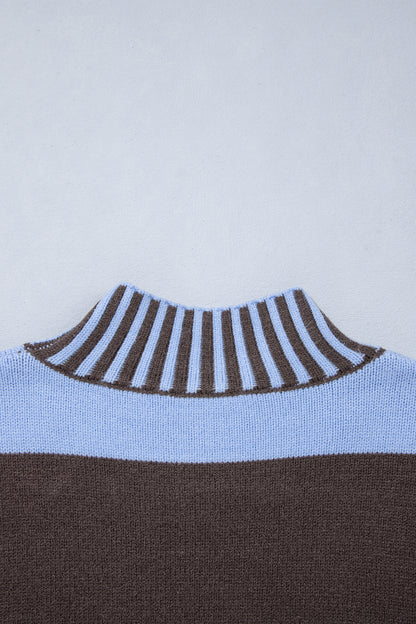 Sky Blue Stripe Contrast High Neck Dropped Shoulder Relaxed Pullover Sweater