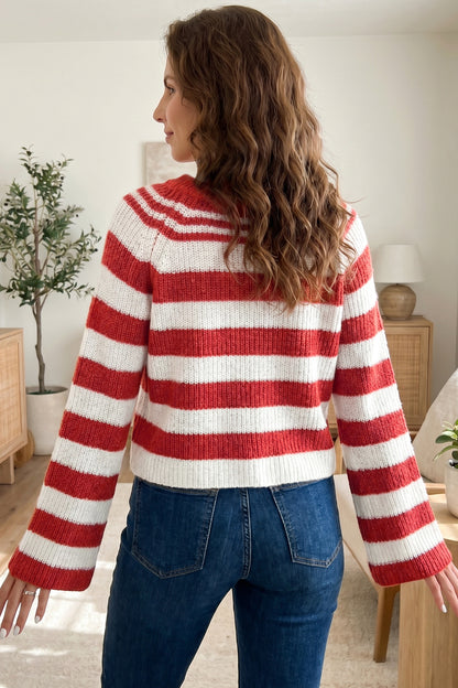 Red Stripe Striped Colorblock V Neck Long Sleeve Shift Sweater