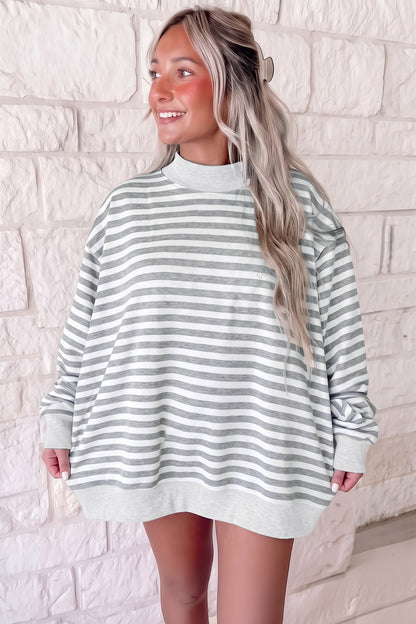 Gray Stripe Cozy Mock Neck Oversized Tunic Sweatshirt