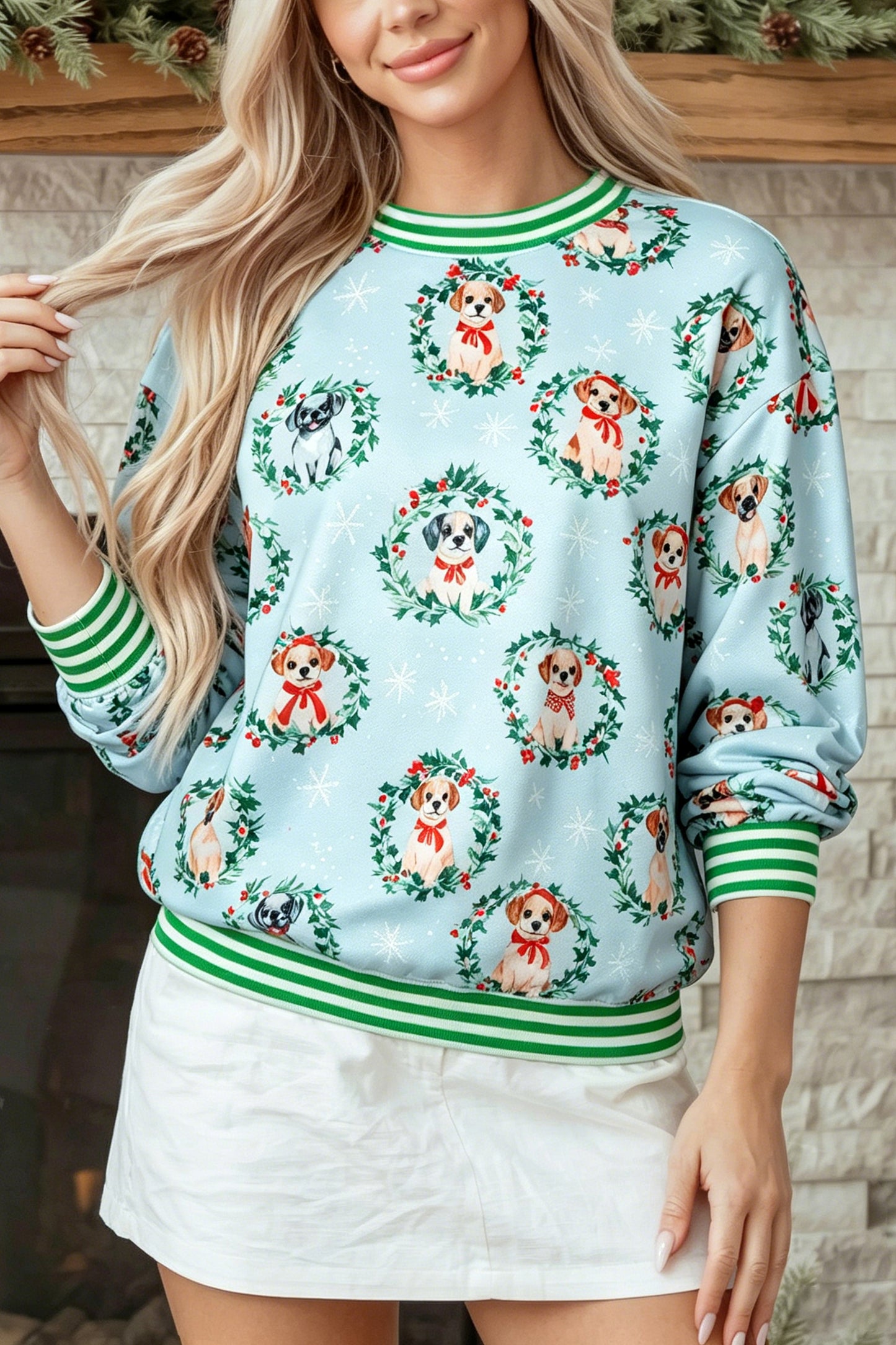 Sky Blue Abstract Dog Print Ribbed Cuff Round Neck Long Sleeve Sweatshirt