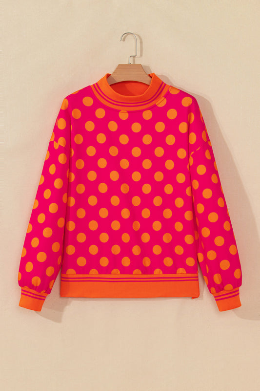 Rose Polka Dot Striped Trim Mock Neck Sweatshirt