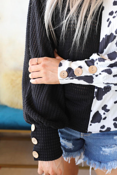Cow Patchwork Waffle Knit Long Sleeve Top