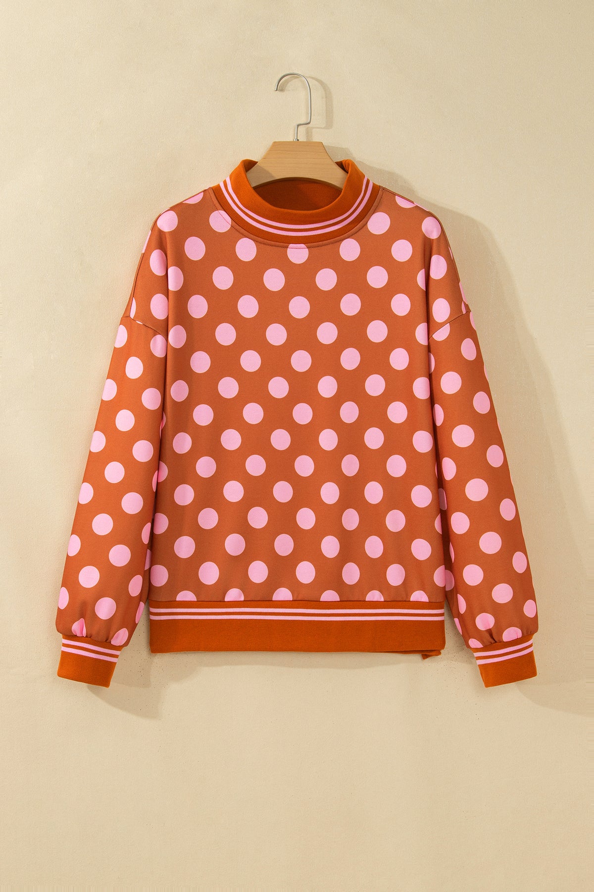 Brown Polka Dot Striped Trim Mock Neck Sweatshirt