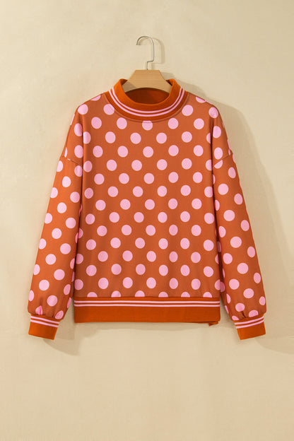 Brown Polka Dot Striped Trim Mock Neck Sweatshirt