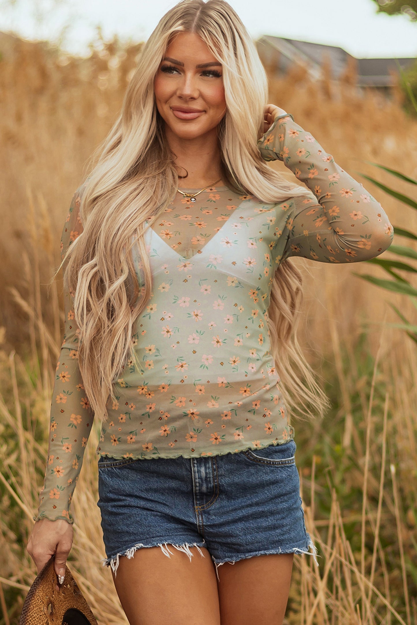 Pink Vintage Floral Print Southern Style Mesh Long Sleeve Top