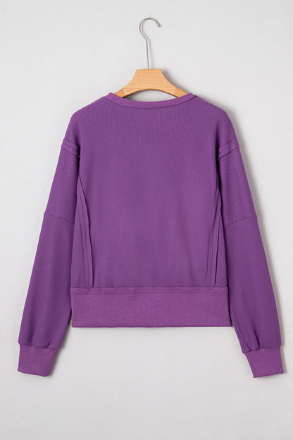 Orchid Mist Solid Color Raw Seam Patchwork Ribbed Drop Shoulder Sweatshirt
