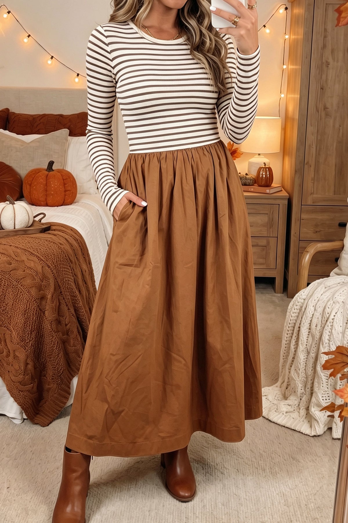 Brown Stripe Ribbed Knit Long Sleeve Bodice Contrast Patchwork Flared Dress