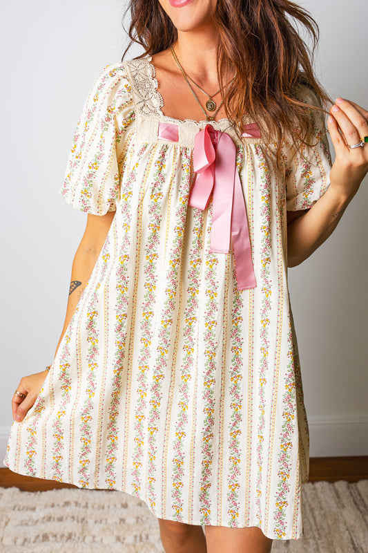 Multicolour Floral Print Contrast Ribbon Bow Lace Trim Square Neck Mini Dress