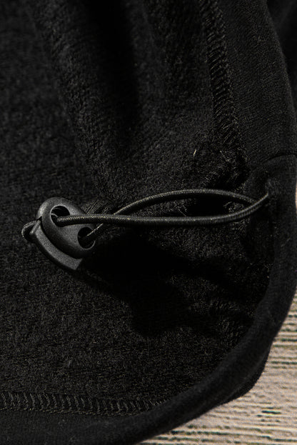 Black Fleece Lined Half Zipper Kangaroo Pockets Loose Hoodie