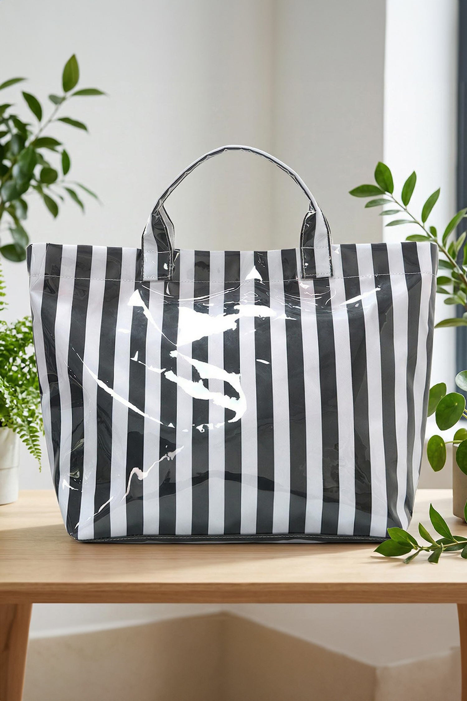 Color black Glossy Striped Vinyl Large Tote Bag