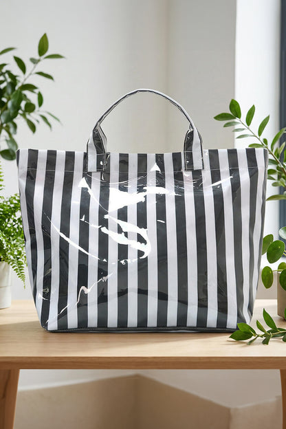 Color black Glossy Striped Vinyl Large Tote Bag