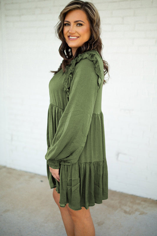 Moss Green Ruffled High Waist Long Sleeve Mini Dress