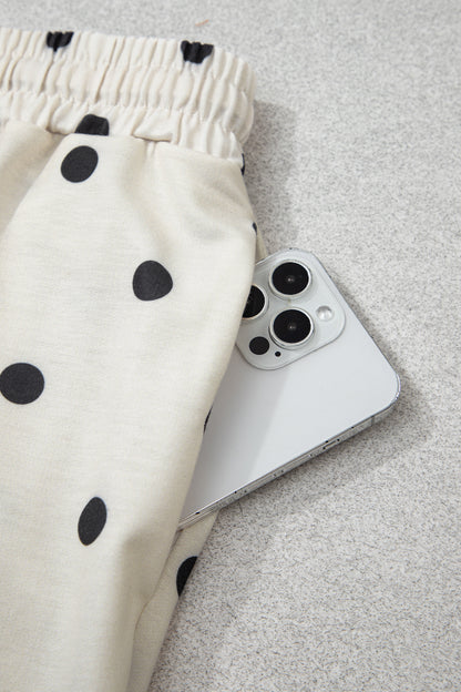 Beige Polka Dot Half Sleeve Loose Top Elastic Waist Casual Pants Set