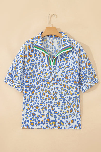 Sky Blue Leopard Color Block Contrast Striped V Neck Half Sleeve Loose Fit Blouse