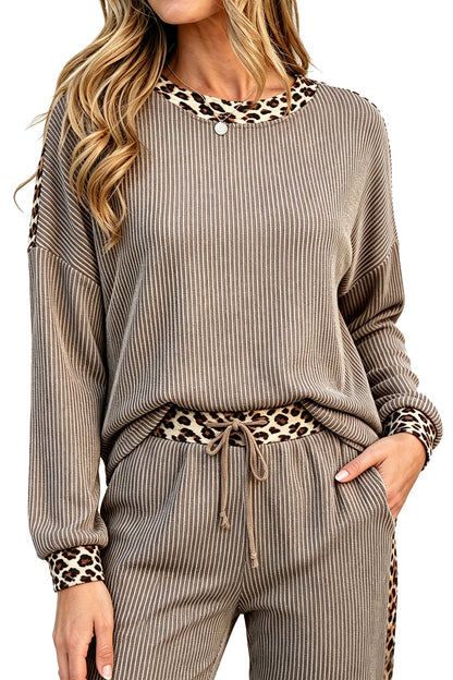 Simply Taupe Cozy Ribbed Patchwork Leopard Trim Long Sleeve 2pcs Pant Set