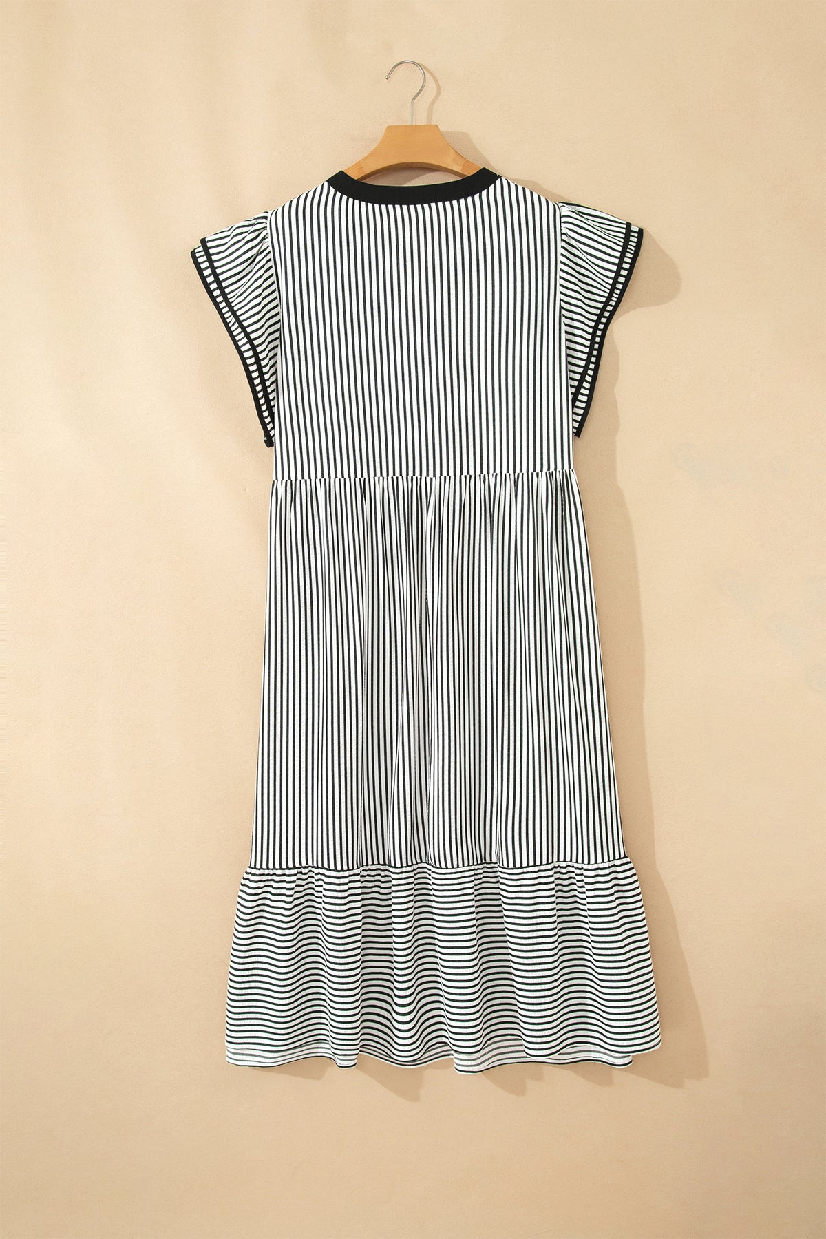 Black Stripe Plus Size Slit V Neck Tiered Flutter Sleeve Maxi Dress