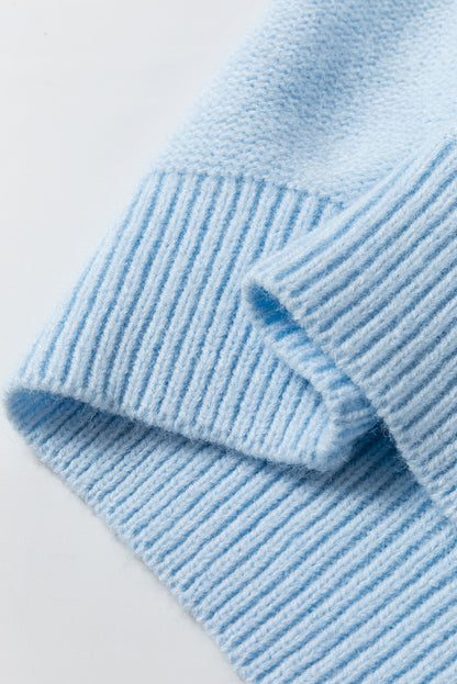 Light Blue Knitted Flower Pattern Ribbed Edge Sweater