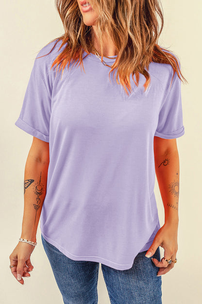 Sachet Pink Bright Casual Plain Crew Neck Tee