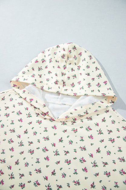 Beige Floral Print Hooded Long Sleeve Plus Size Set