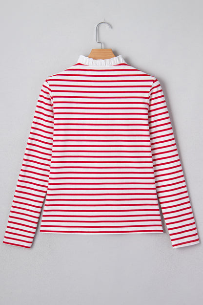 Red Stripe Contrast Frilled Trim Half Button Long Sleeve Top
