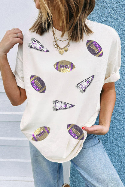 White Sequin Game Day Football Print T-Shirt