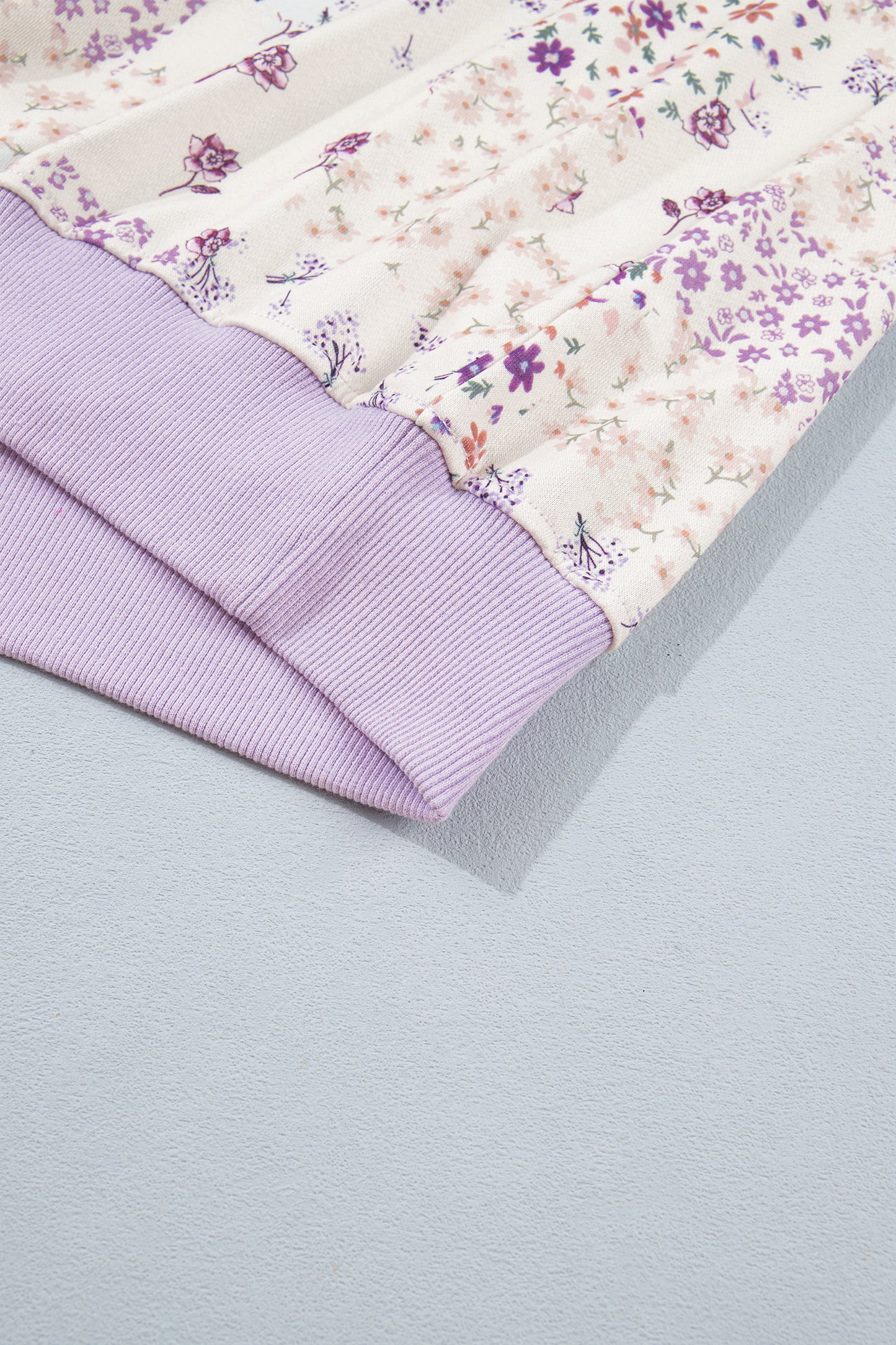 Purple Floral Print High Neck Colorblock Sleeve Paneling Sweatshirt