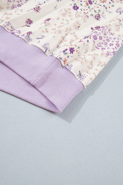 Purple Floral Print High Neck Colorblock Sleeve Paneling Sweatshirt