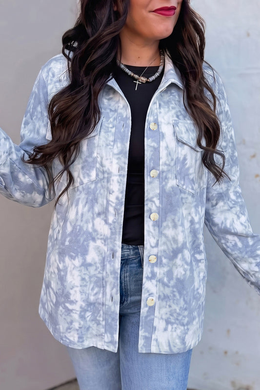 Gray Abstract Print Fuzzy Collar Long Sleeve Patch Pocket Tunic Jacket
