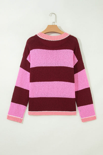 Pink Stripe Striped Drop Shoulder Long Sleeve Pullover Regular Fit Knit Sweater
