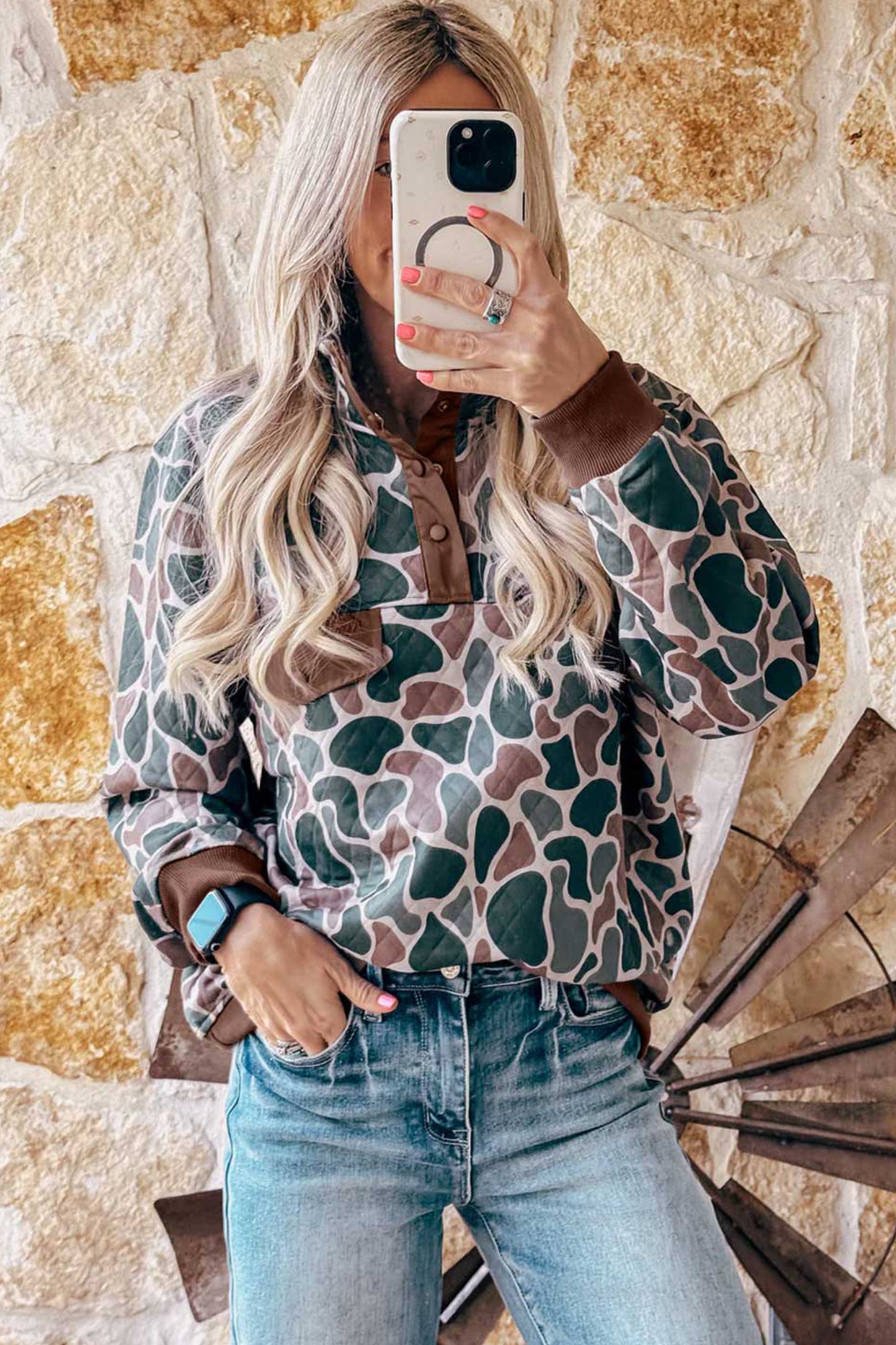 Multicolour Retro Camouflage Pattern Color Block Detail Button Pullover Sweatshirt