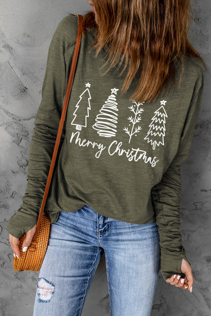 T-shirt graphique vert à manches trouées et motif sapins de Noël joyeux