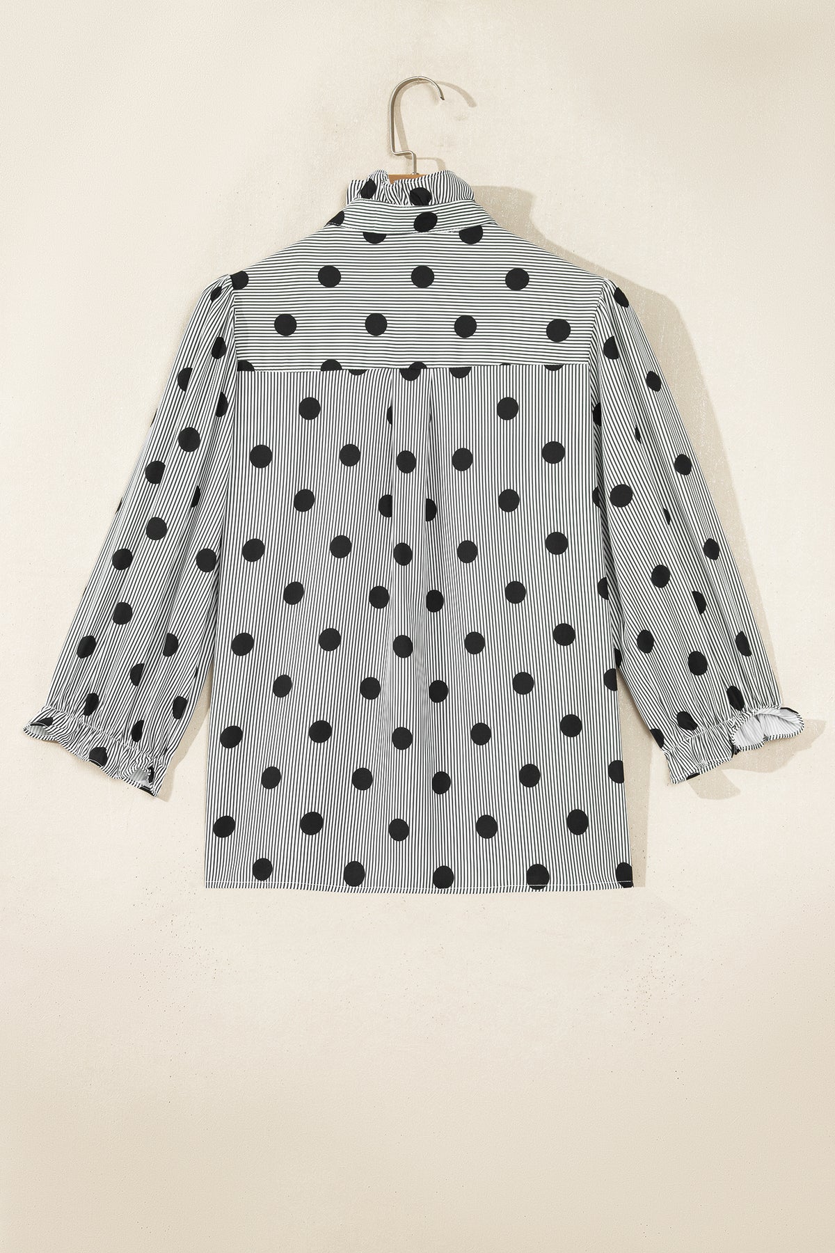Black white Polka Dot Striped Print Ruffle Stand Neck 3/4 Sleeve Shift Shirt