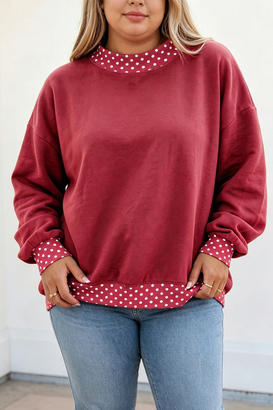 Red Dahlia Polka Dot Patchwork Round Neck Plus Size Sweatshirt