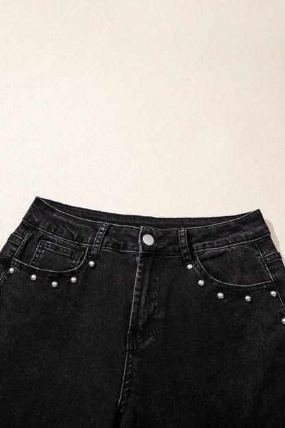 Black Studded Detail Straight Leg Casual Loose Jeans