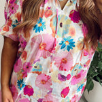 Pink Plus Size Floral Print Ruched Short Sleeve Blouse