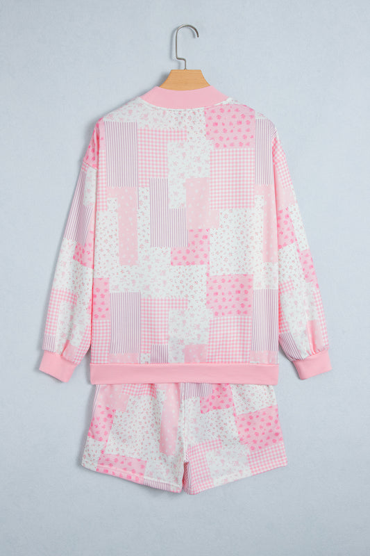 Light Pink Patchwork Floral Print Drop Shoulder Baggy Pullover Drawstring Shorts Set