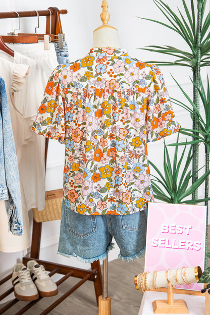 Multicolour Crochet V Neckline Puff Sleeve Boho Flower Blouse