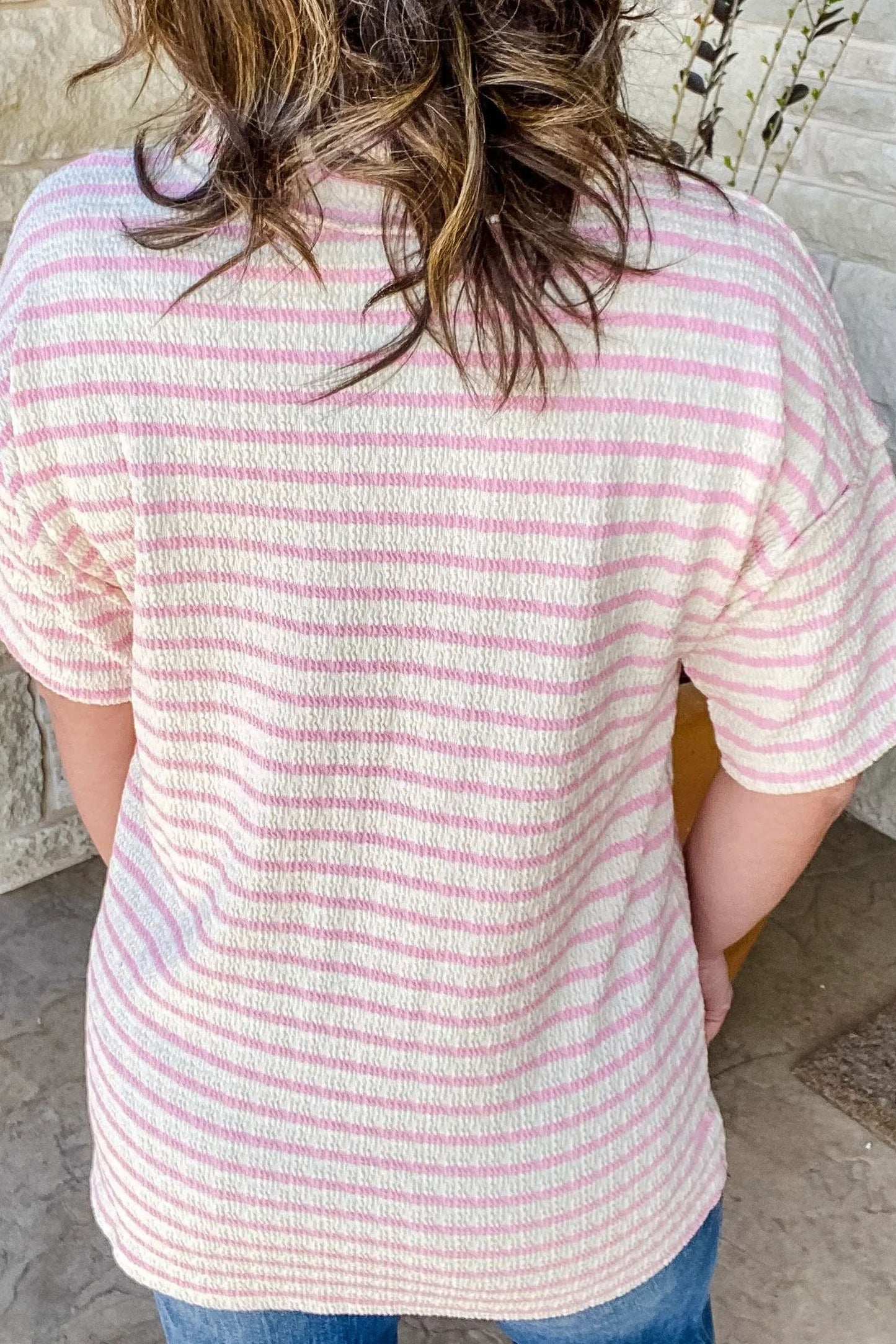 Pink Stripe Plus Size V Neck Exposed Seam Patchwork T Shirt