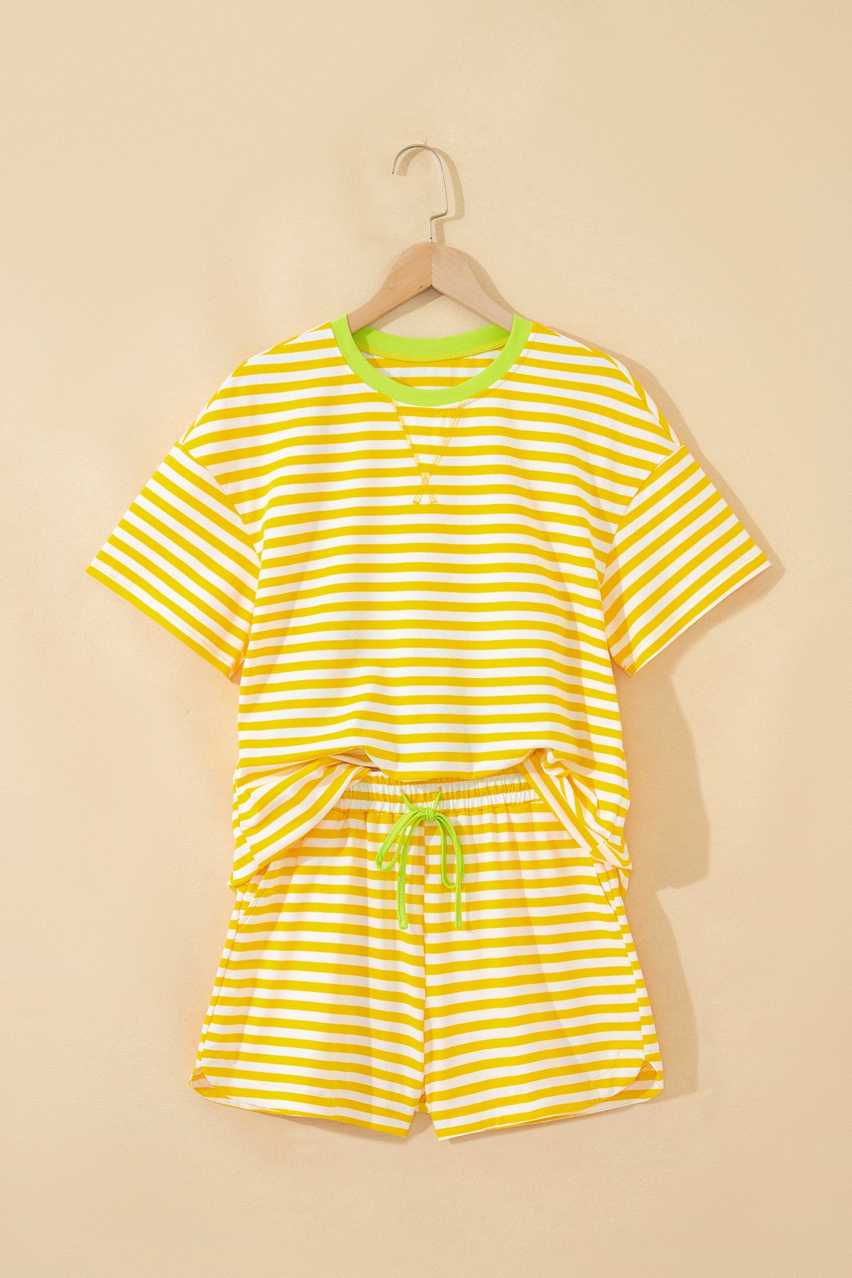 Pink Stripe Contrast Neck Loose Tee and Drawstring Shorts Set