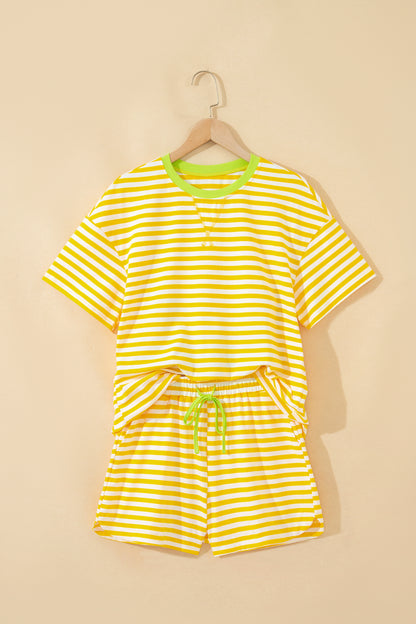 Pink Stripe Contrast Neck Loose Tee and Drawstring Shorts Set