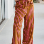 Red Stripe Button Pocket Tie Waist Casual Wide Leg Pants