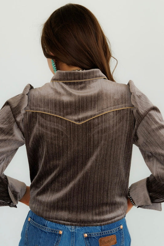 Chicory Coffee Velvet Western Embroidery Puff Sleeve Button Down Shirt