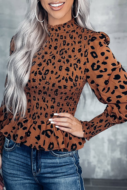 Top peplum con mangas abullonadas y fruncido de leopardo marrón 