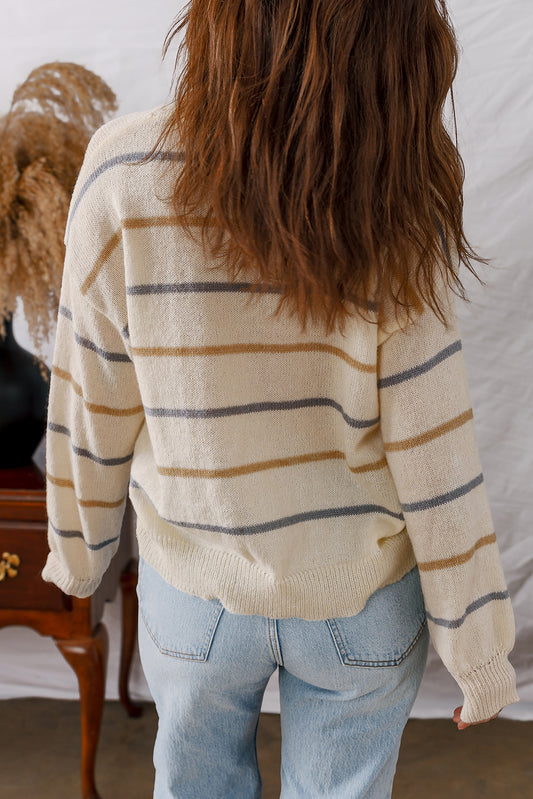 Multicolour Striped Buttoned Front V Neck Drop Shoulder Cardigan Sweater