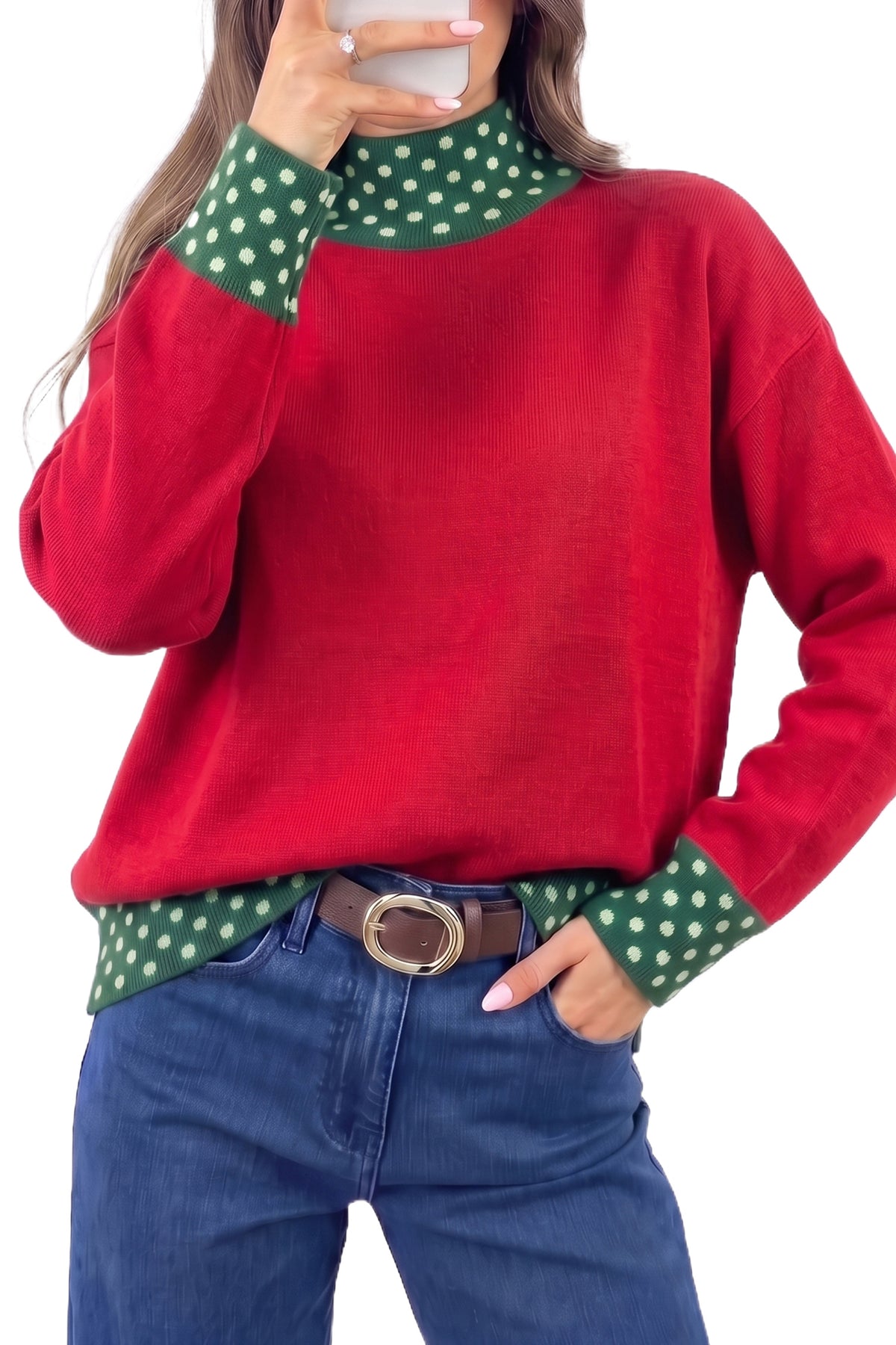 Fiery Red Polka Dot Contrast Mock Neck Sweater