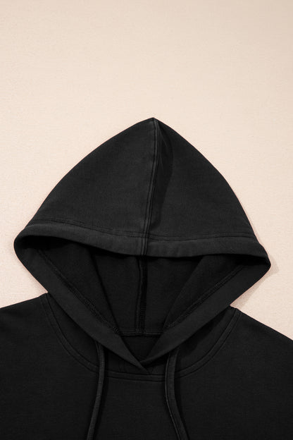 Black Plaid Sleeve Drawstring Pocket Hooded Sweatshirt
