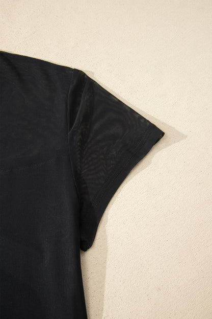 Black Plus Size Sheer Mesh Panel Short Sleeve Top